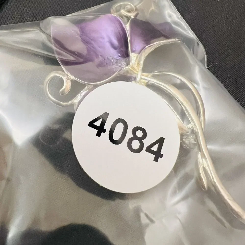 Vintage Silver Tone Satin Puple Enamel Flower with Stem Leaf Floral Brooch 4084